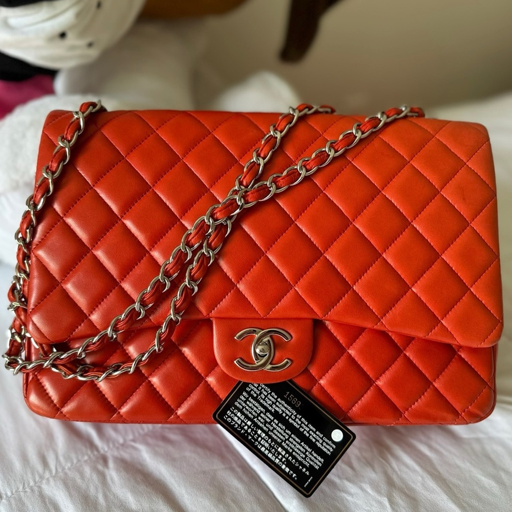 CHANEL MAXI Lambskin Double Flag Bag Red